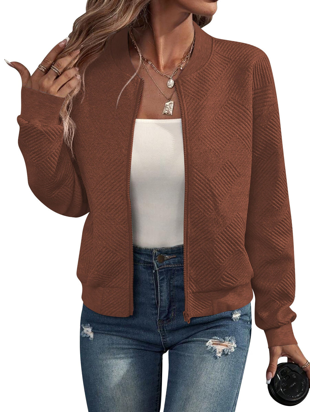 Lydia | Textured Zip Bomber Jacket